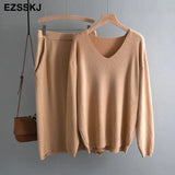 lazy oversize Sweater suit dress women casual loose sweater +straight skirt with pocket feamle sweater set