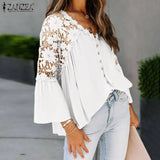 Bohemian Lace Patchwork Tops Women Spring Blouses ZANZEA 2022 Casual Flare Sleeve Blusas Female V-Neck Blusas