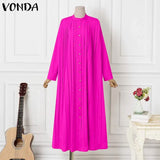 Bohemian Summer Dress 2022 VONDA Vintage Women Sundress Long Sleeve Button Up Dress Autumn Holiday Loose Long Shirt