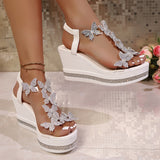 Breakj Summer New Large-Size Women's Sloping Sandals Bow Set Pine Cake Water Drill Bottom Fish Mouth