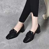 Spring New High Heels Square Head Thick Heel Middle Heel Work Shoes Square Button Head Layer Cowhide Four