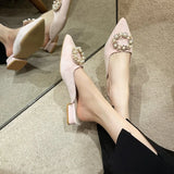 Breakj 2024 New Women's Shoes Korean Diamond Round Buckle Head Half Pointed Tip Low Heel Sandals Large
