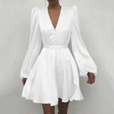 New Women Sexy V Neck Letters Print Fashion Short Dresses Casual Satin Slim Lantern Sleeves Zipper Elegant Party