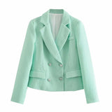Chic Green Shorts Suit Women 2021 za Fashion Double Breasted Pockets Short Long Texture Blazers Buttons Shorts