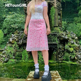 Floral Print Pink High Waist Midi Skirt Patchwork Mesh A Line Short Skirts Womens Summer Casual Kawaii