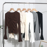 Real Shooting 2024 Autumn Dress Sexy V-Neck Folded Open Fork Short High-Waisted T-Shirt Horn Long Sleeve Bottom Top