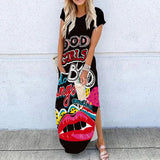 Summer New Fashion Striped Strapless Dress Loose Round Neck Short Sleeve Long Dress Casual Elegant Moon Star Printing