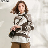 Winter O-NECK Argyle Sweater pullovers Women 2021 Female loose outwear Sweater Pullover