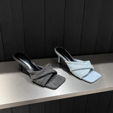 New Summer Denim Cross-Band Square Head Stiletto Slippers Wearing Fashionable High-Heeled Women's