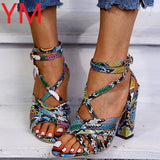 Women Summer Sandals Snakeskin Cross Square Heel Open Toe Leather Heels Pumps Shoes Female Fashion Gladiator Ankle Strap