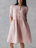 New Summer Commuter Women Dress A-line Skirt Solid Cotton Linen Pocket Mid Sleeve Holiday Dress 2022 Elegant V-Neck Loose