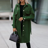 Winter Turn-down Collar Blend Woolen Coats Fashion Casual Long Sleeve Pocket Jackets Autumn Solid Belted Women Long Outwear