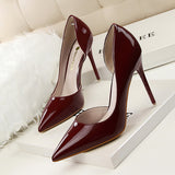 Breakj Korean Version Of Fashion Simple Thin With High Heel Lacquer Leather Shallow Mouth Hollow Out Sexy Thin