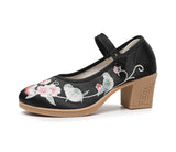 Breakj Heel Square With Women's Shoes A Word Buckle Shallow Spring And Summer New Embroidered Cloth Shoes With Horse Face Skirt High Heel Embroidered