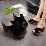 Sandals 2020 New Square High Heel Platform Flock Casual Rivet Pumps Peep Toe Female Elegant Ladies Shoes Zapatos De