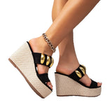 Breakj Women's Thick-Soled Shoes Heel Sandals Black Metal Decorative Sandals Elegant Simple Pedal Sandals Casual