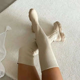 Breakj And Winter Thick Bottom Round Head Knitted With Knee Female Boots 2023 Large Elastic Woven Wool Long Boots Increased