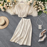 New Summer Women Casual V Neck Single Breasted Crop Tops High Waist A-line Solid Color Skirt Two Piece