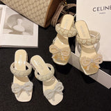 New Fashion Summer Shoes Women Daily Party Club Pearls Beaded Rhinestone Bowknot Design Chunky Heel Sandals Sandalias