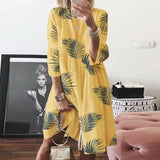 Women Autumn buttertly leaf Print long sleeves Dresses Elegant casual O Neck Knee-length Dress Summer loose Dresses