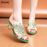 Women Summer Fashion Rhinestone Slipper Sexy Hollow Out Chunky High Heels Sandals Crystal Party Shoes Woman Flip