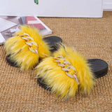 Women Slippers Furry Fluffy Flip Flops Women Sandals Gold Chain Fur Slides Ladies Slippers Plus Size Shoes