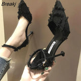 Women's High Heel 2023 New Spring Summer All-match Black Girl Pointed Toe Single Shoes In The Heel Luxury Designer Elegant