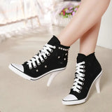 Women Canvas Shoes Denim High Heels Rivets Shoes Fashion Shoe Spring Sneakers Women's Pumps Black Blue Autumn New