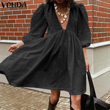 Deep V Neck Dress Women Summer Sundress 2022 VONDA Vintage Lantern Sleeve Zipper Party Dress Casual