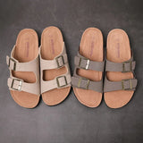 Shipping Men's PU Leather Sandals Slippers High Quality Soft Cork Two Buckle Slides Footwear For