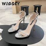 Sandals Women Laser High Heels Summer Shoes Woman Fashion Buckle Strap Thin Heel Casual Sandals Open Toe Riband Party