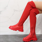 / Winter Thick Bottom Round Leather Knit Knee Boots Women's Plus Size Elastic Fly Wool Leather