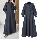 Winter Dress For Women'Solid Sundress Vintage Lapel Pleated Kaftan Dress Long Robe Femme VONDA Casual Long Vestidos