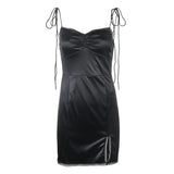 Patchwork Lace Sexy Mini Dress Black Sleeveless Bodycon Dress Women Ruched Tie Up Split Spaghetti Strap Dress