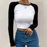 Casual Patchwork Long Sleeve Crop Top T Shirt Fashion Basic Cotton Tshirt Women Fashion Slim Korean Tee Shirt