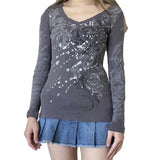 Y2K Grunge Fairycore Crop Tshirts Graphic Print Long Sleeves Slim Top Tee Crewneck Fashion Harajuku Cloth