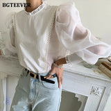 Vintage Stand Collar White Shirts for Women Long Sleeve Loose Female Blouses 2021 Spring Chic Ruffles Ladies