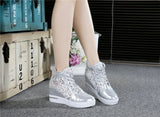 Women Wedge Platform Sneakers Rubber Leather High heels Lace Up Shoes Pointed Toe Height Increasing Creepers White