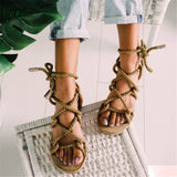 Women Hemp Rope Straw Flat Sandals Peep Toe Cross Lace Up Female Platform Fashion Casual Shoes Rome Ladies