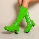 Autumn Winter Patent Leather Boots Fashion Long Shoes Round Toe Platform Thick Heel Ladies Party Wear Green Yellow Lavender