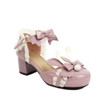 Fashion Rabbit Ear Women High Heels Bow Round Toe Pumps Leather Summer Lolita Sweet Shoes Open Side with Plush Ball Lace