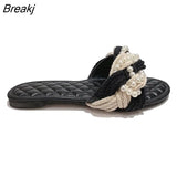 Summer Women Trend Weaving Pearl Flip Flop Sandals Girls Beach Open Toed Luxury Designer Casual Soft Flats