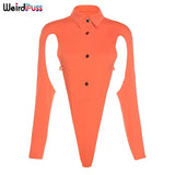 Puss Long Sleeve Hollow Bodysuit Women Polo Neck Button Slim Tops Fashion All Match Bodycon Streetwear Summer Solid