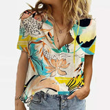 Women Elegant Office Simple Turn-down Collar Cartoon Print Casual Shirt Fashion Summer Short Sleeves Button Cardigan