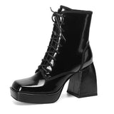 Vintage Square Toe Ankle Boots Women Patent Leather Thick Heels Boots Woman Lace Up Platform Botas Mujer Invierno