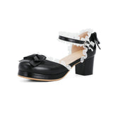 Japanese Harajuku Princess Lace Edge Lolita Sandals High Chunky Heels Sweet Round Toe Bowtie Kawaii School Girls Cosplay