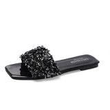 Breakj Rhinestone Flat Bottom Slippers Female Summer New One Foot Pedal Home Broken Diamond Slippers
