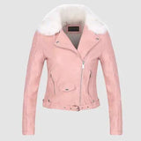 New Women Winter Faux Leather Jacket Warm Large Fur Collar Lady Motorcycle Pu Faux Soft Leather White Black Pink