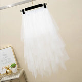 Tulle Skirts Women High Waist Mesh Skirt Hem Asymmetrical Pleated Midi Skirt Female Black Pink Summer Mid-calf