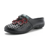 Summer New Flat-Soled Low-Heeled Women's Shoes National Style Leather Flower Slippers Hollowed-Out Breathable Comfortable Hole